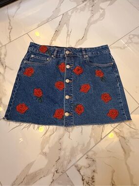 Zara Denim Mini Skirt with Red Rose Embroidery